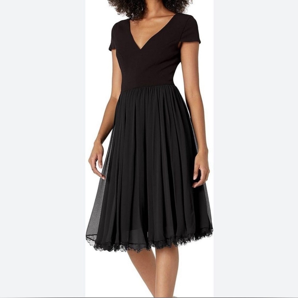 Dress the Population Black V‑Neck Cap Sleeve Midi with Lace Hem